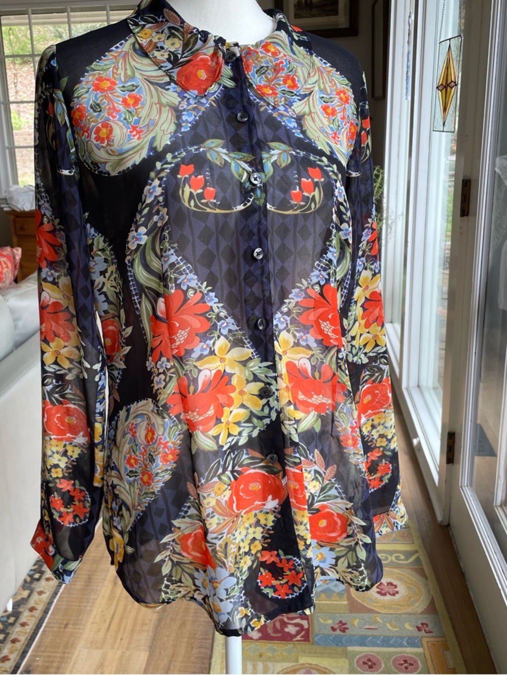 CAbi Black Sheer Floral Button-Front Blouse with Red, Yellow & Blue Accents